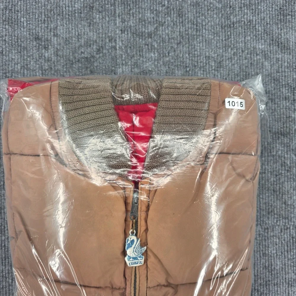 Vintage Comfy Reversible Goose Down Puffer Vest Tan Red Ribbed Knit Collar 1015